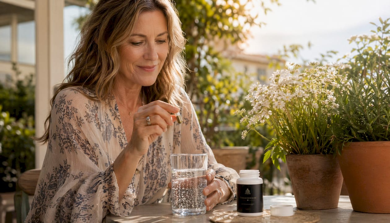 Woman taking sage tablets at morning kitchen table