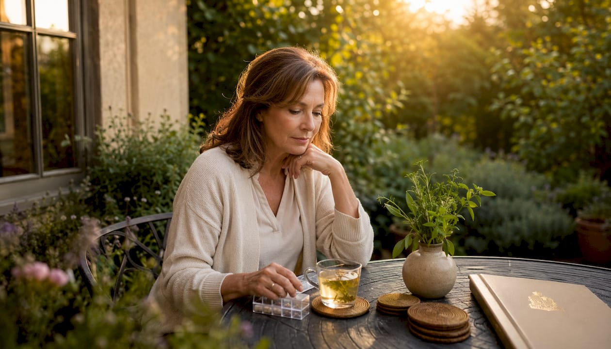 Woman managing perimenopause and UTI medication at kitchen table