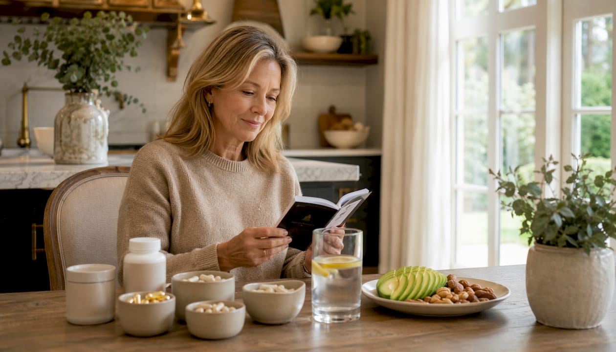 Woman reading about collagen and vitamin D supplements