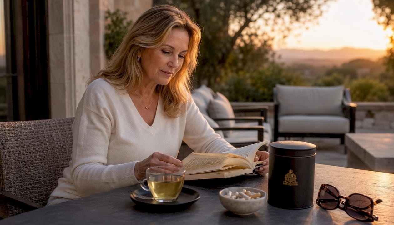 Woman journaling with tea at kitchen table