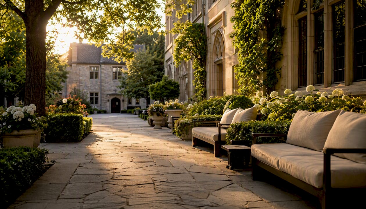 Elegant university campus walkway with trees