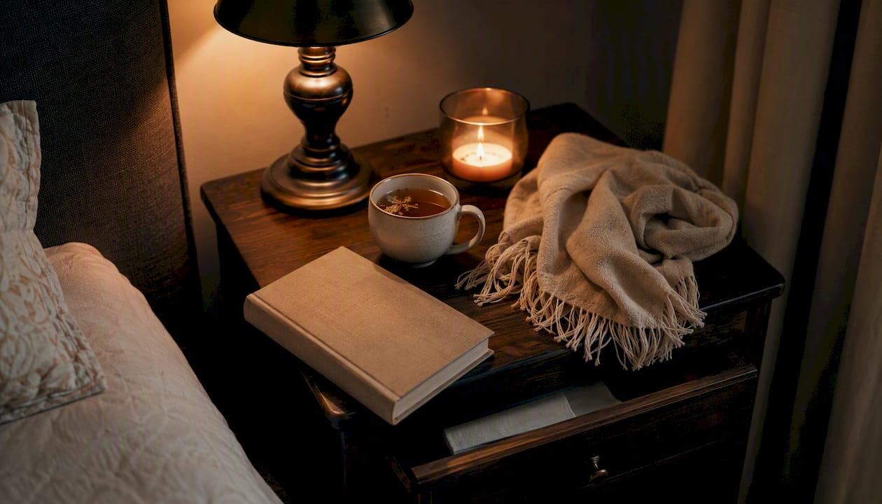 Softly lit nightstand with tea and lamp