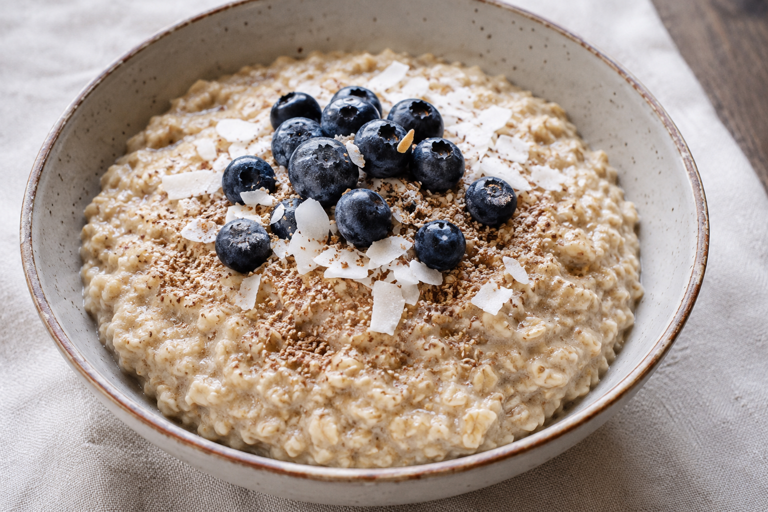 Creamy collagen porridge topped with fresh blueberries, ground flaxseed and coconut flakes, made with gluten-free oats for a healthy perimenopause breakfast.