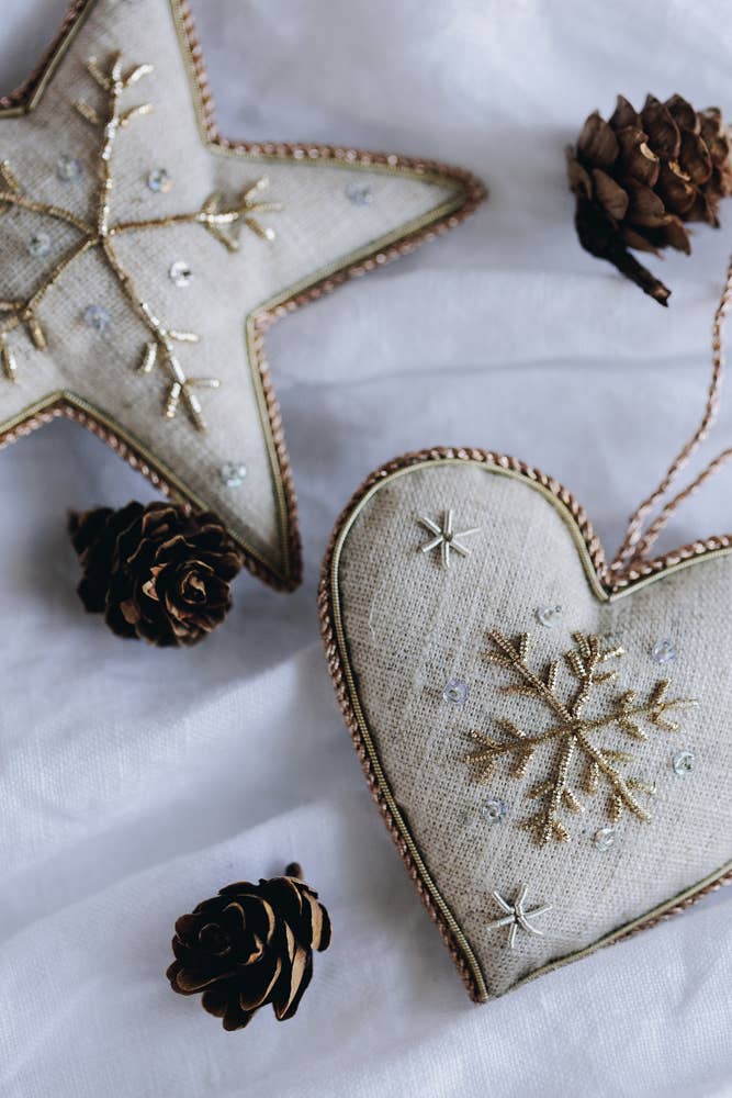 Handmade Snowflake Heart Christmas Decoration in Irish Linen