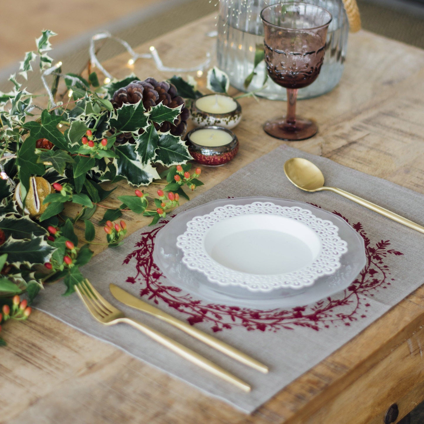 Christmas Placemats Pure Linen Set of Two - Sage Green