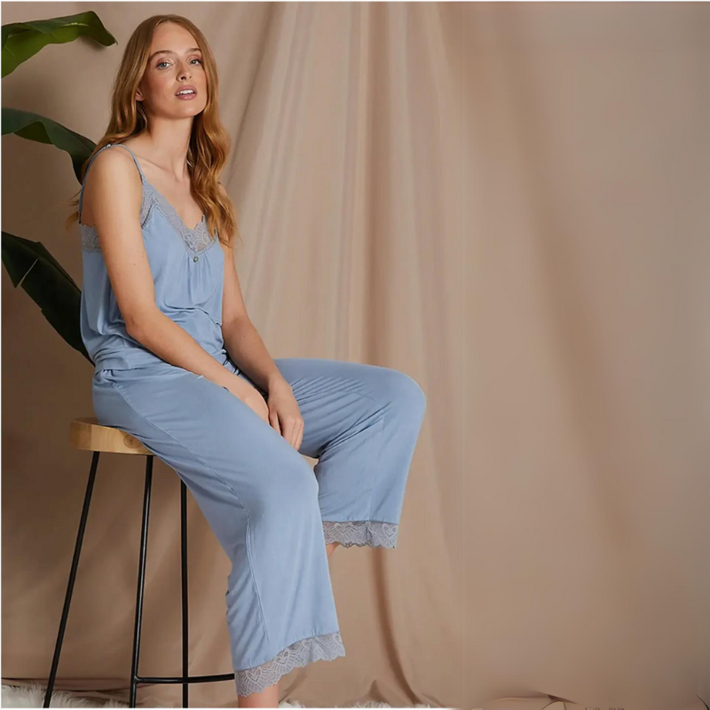 Bamboo Lace Cami and Cropped Trouser PJ Set in Blue Mist