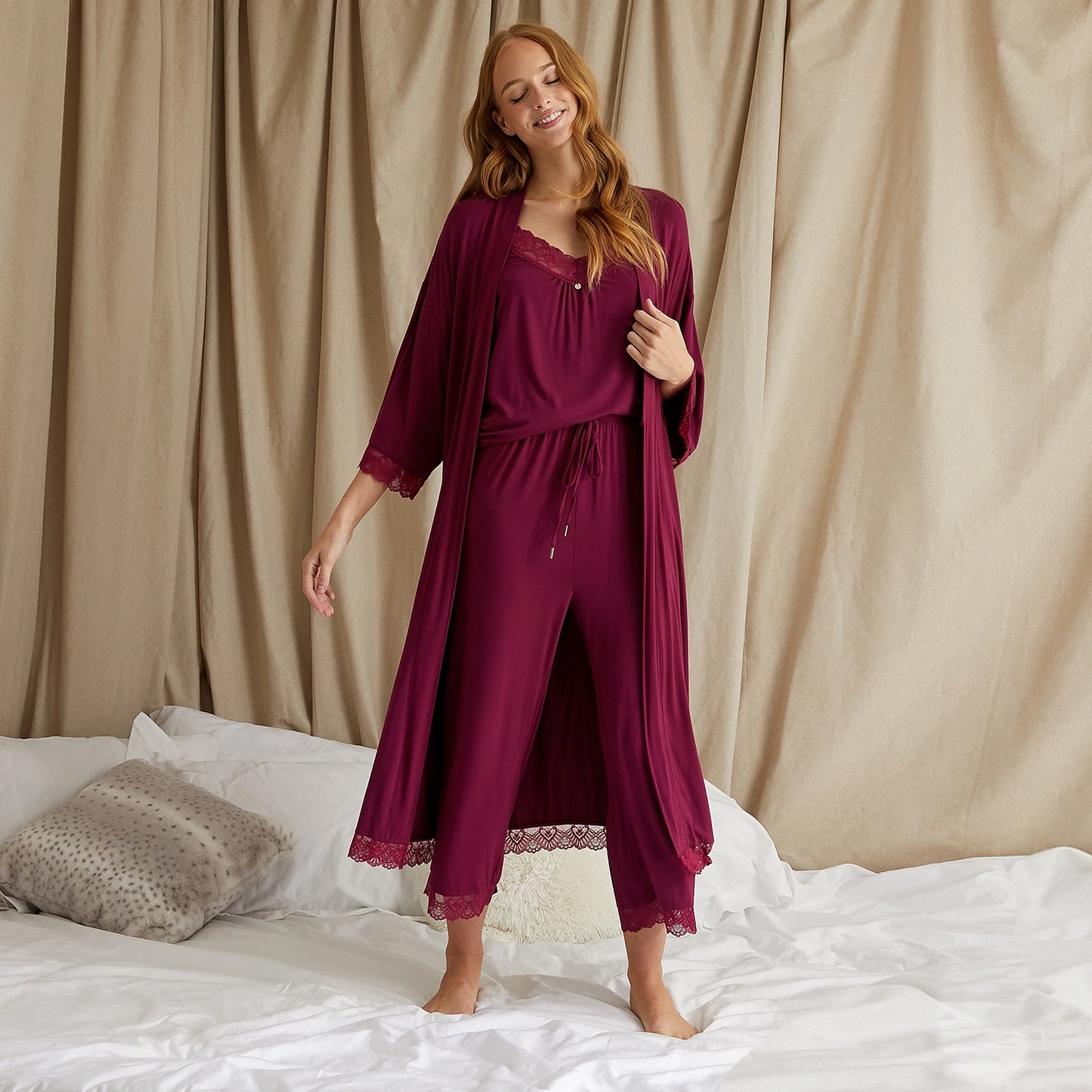 Bamboo Lace Cami and Cropped Trouser PJ Set in Bordeaux