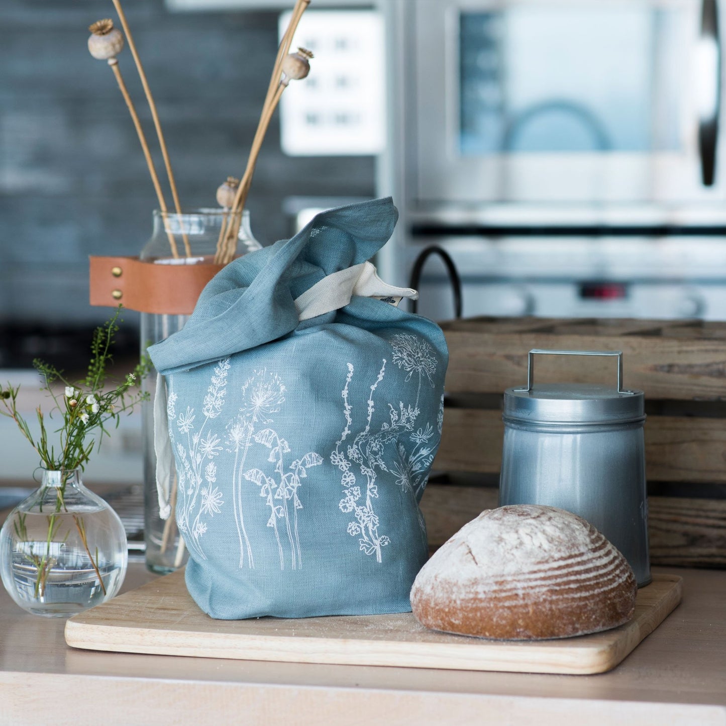 Breathable Linen Bread Bag Garden Design in Duck Egg Blue