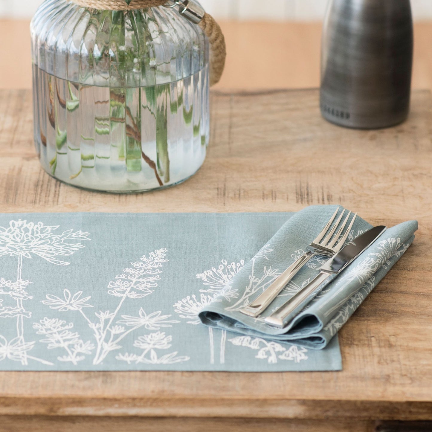 Floral Linen Napkins Pure Linen Set of Two in Duck Egg Blue