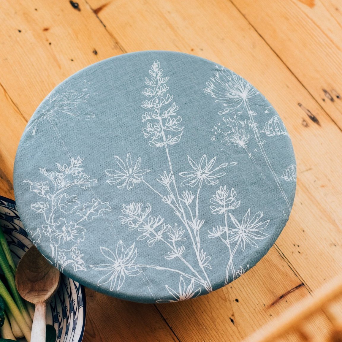 Extra Large Reusable Linen Bowl Cover from the Garden Collection in Duck Egg Blue
