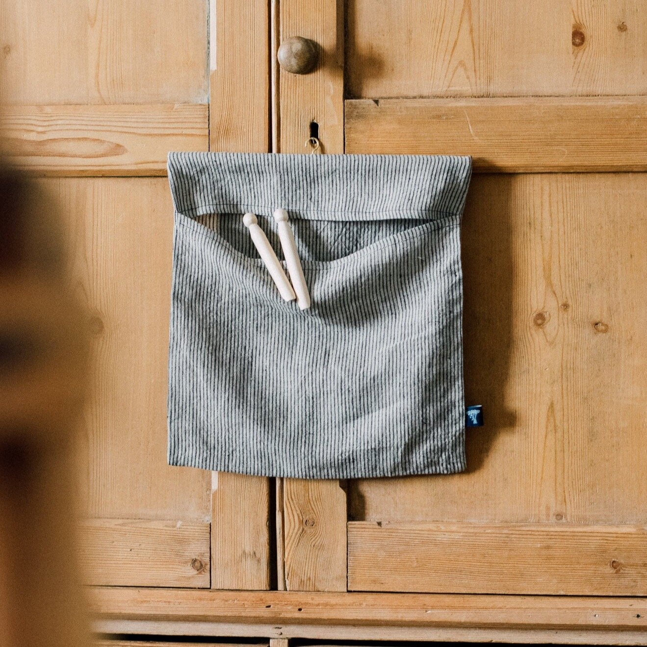 Peg Bag in Striped Linen With Dark Blue and Natural Stripes