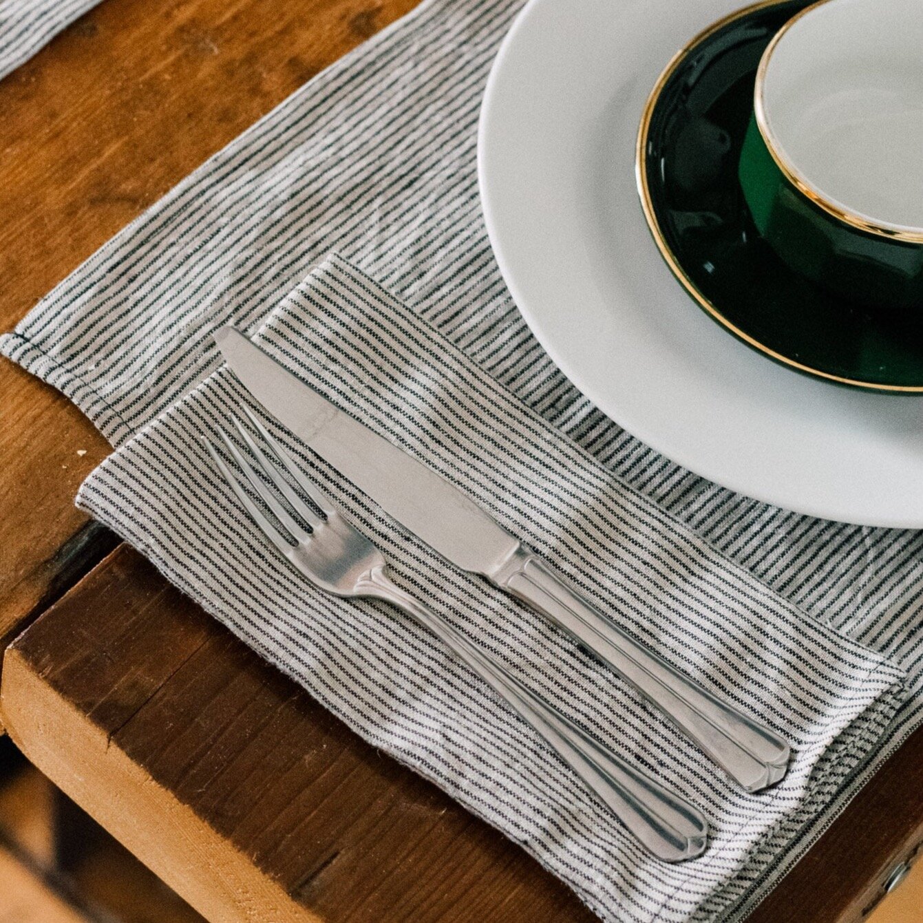 Linen Placemats With Dark Blue/Natural Striped, Set of Two