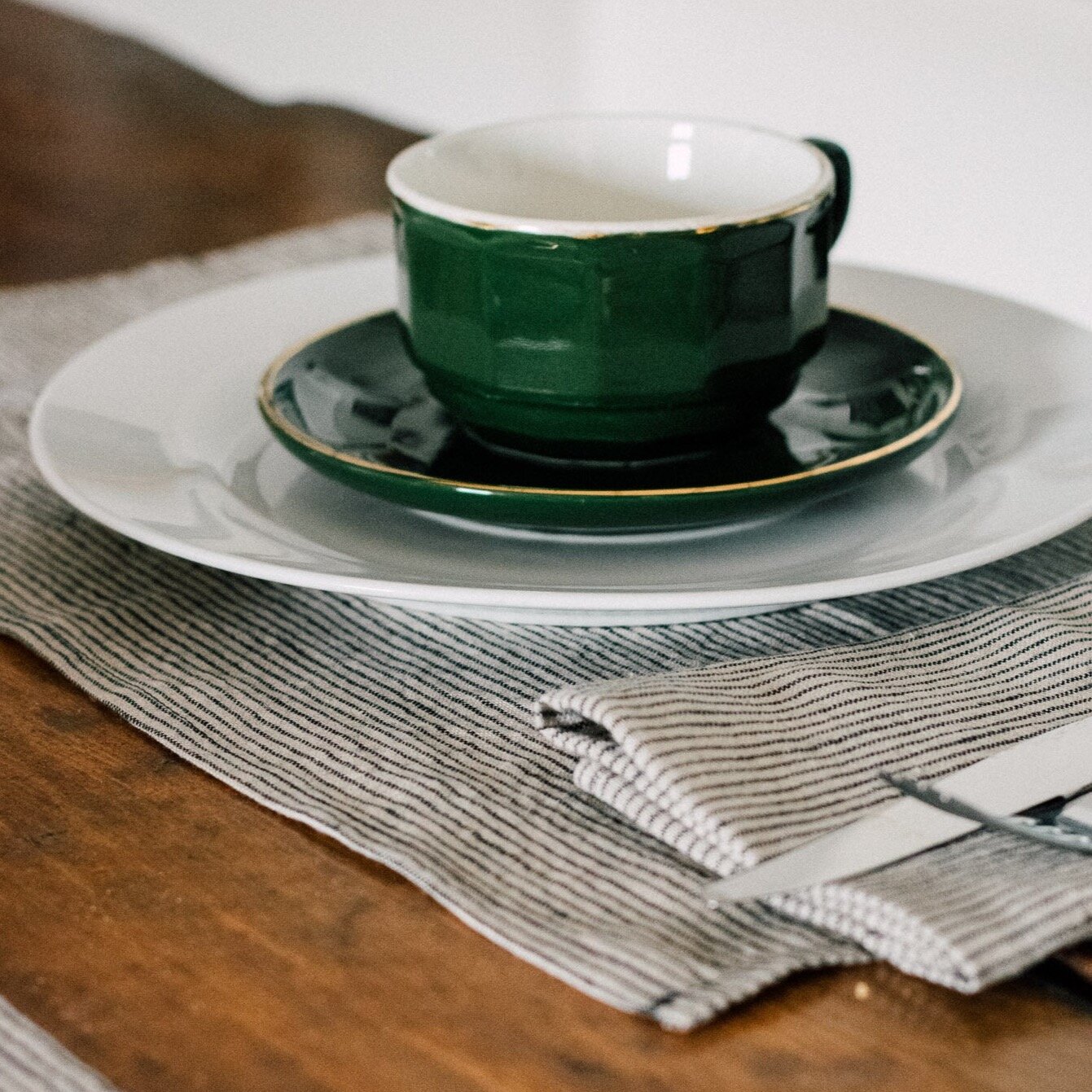 Linen Placemats With Dark Blue/Natural Striped, Set of Two