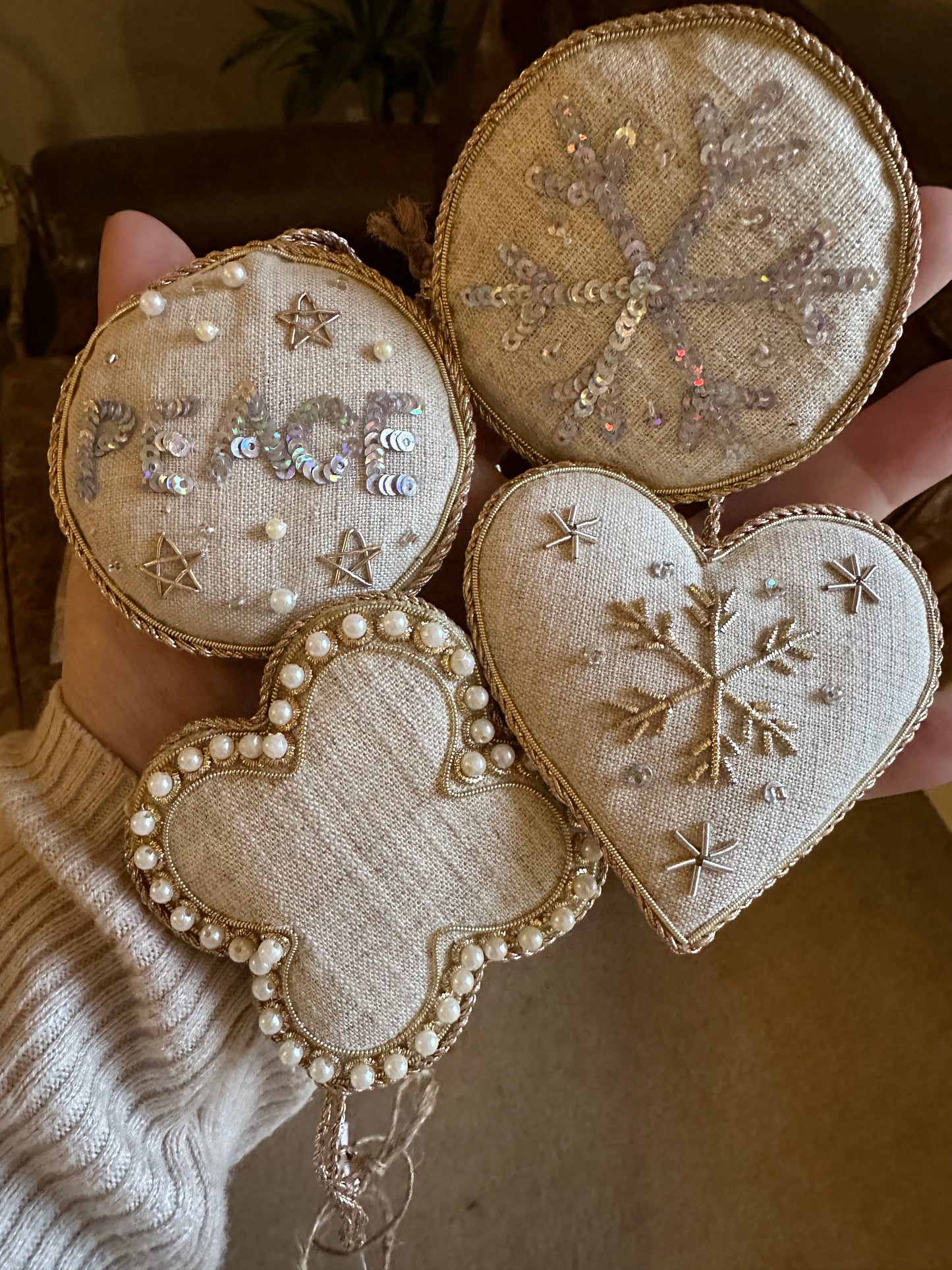 Handmade Snowflake Heart Christmas Decoration in Irish Linen