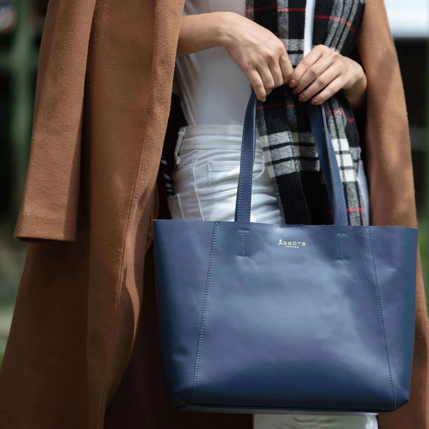 'ADELA' Smooth Real Leather Unlined Designer Tote Bag in Navy