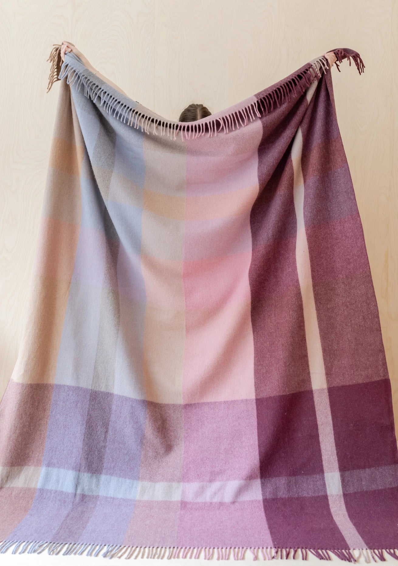 Recycled Wool Xl Blanket in Berry Oversized Patchwork Check