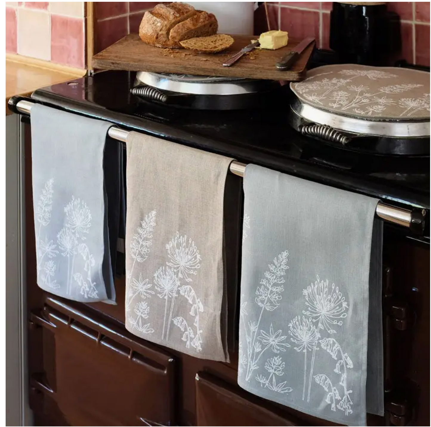 Linen Tea Towel With Garden Design in Duck Egg Blue