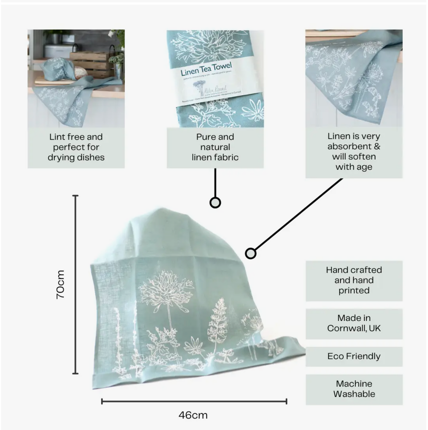 Linen Tea Towel With Garden Design in Duck Egg Blue