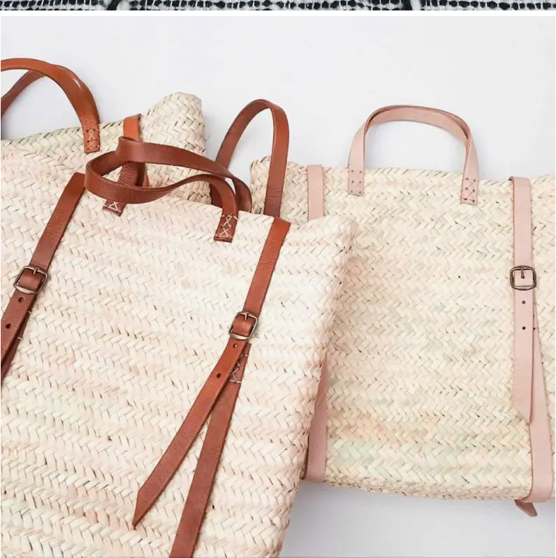 The Jenna Bag: Straw Backpack with Brown Leather Straps