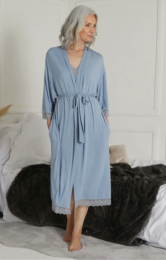 Bamboo Lace Kimono Robe in Blue Mist