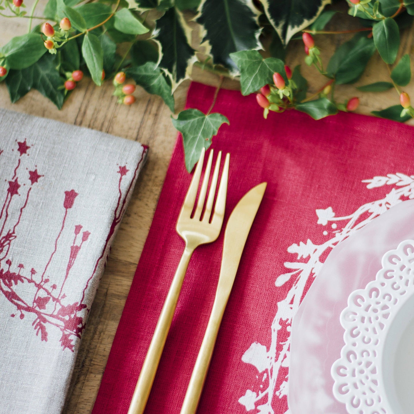 Christmas Placemats Pure Linen Set of Two - Raspberry Red