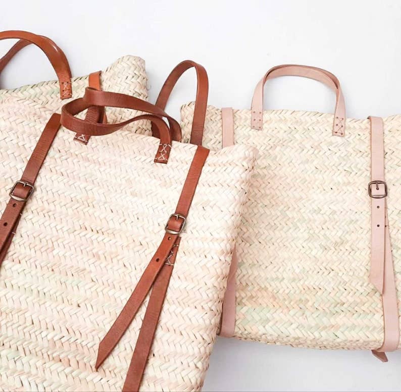 The Jenna Bag: Straw Backpack with Natural Leather Straps