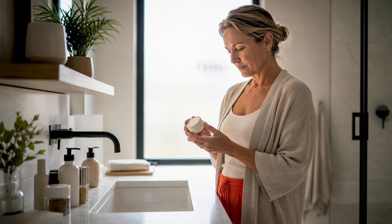 Woman considering fragrance-free skincare products