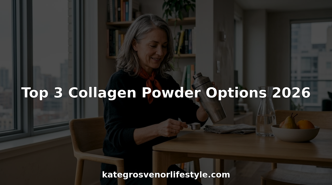Woman preparing collagen powder drink in kitchen