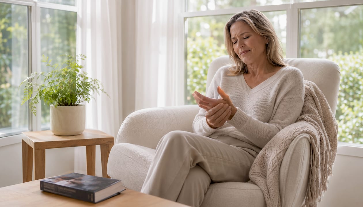 Woman gently massaging hands at home