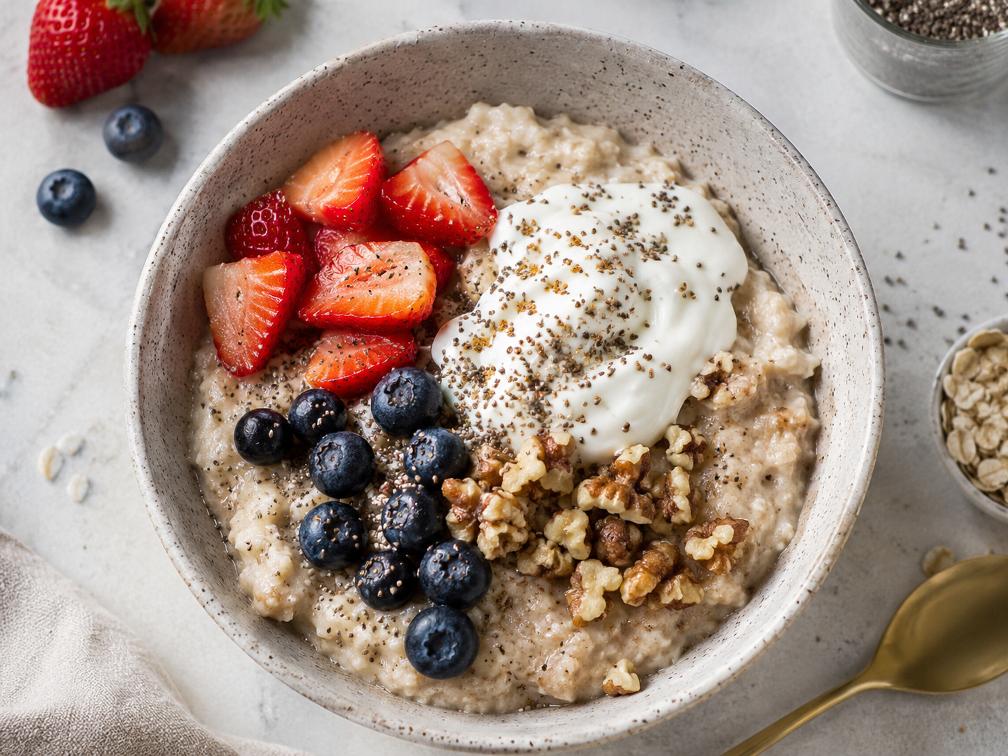 High-protein vanilla oats topped with Greek yoghurt, blueberries, strawberries, walnuts, chia seeds and ground flaxseed for a nourishing perimenopause breakfast.