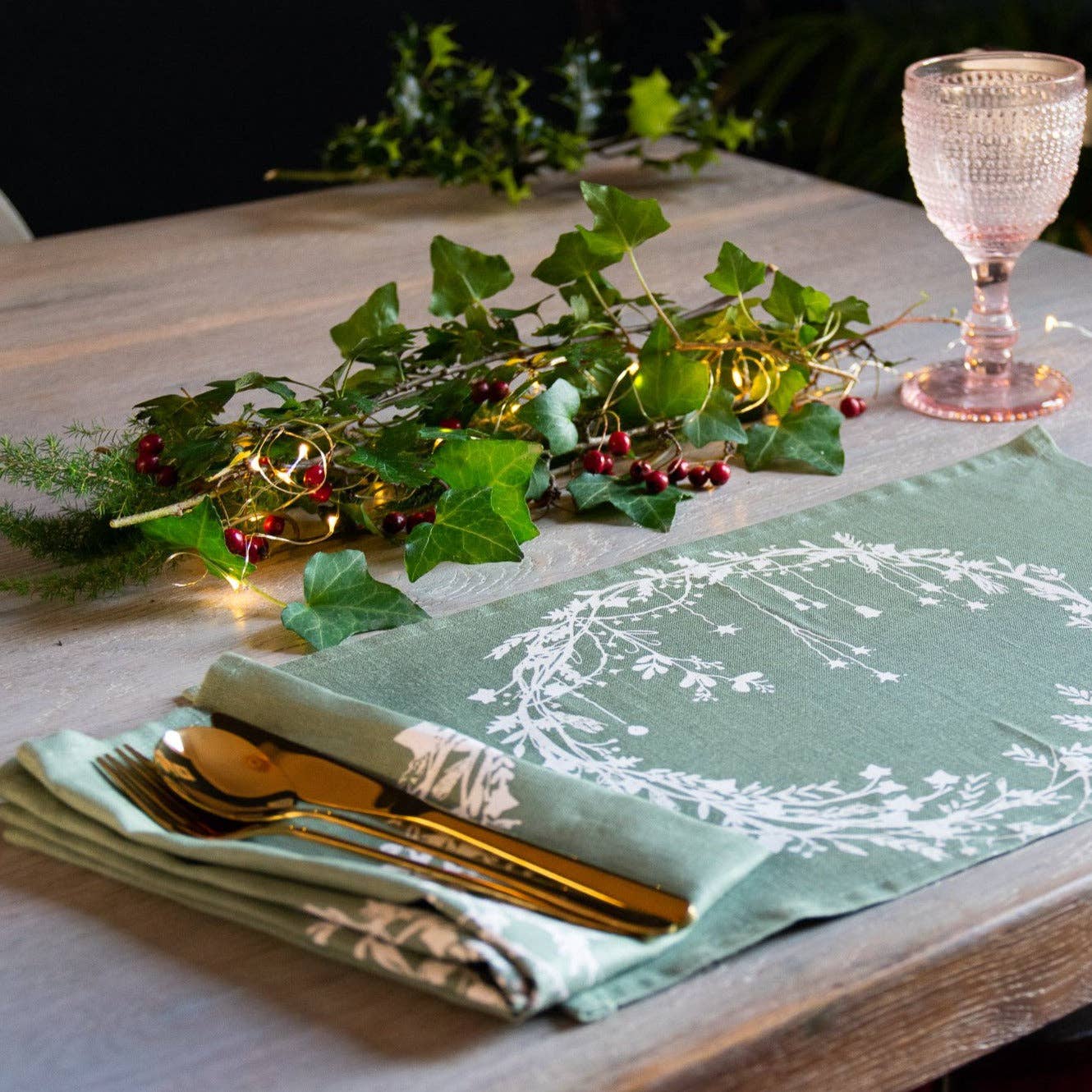 Christmas Napkins Pure Linen Set of Two - Sage Green