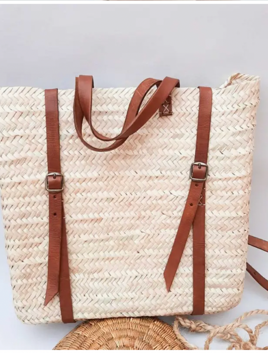 The Jenna Bag: Straw Backpack with Brown Leather Straps