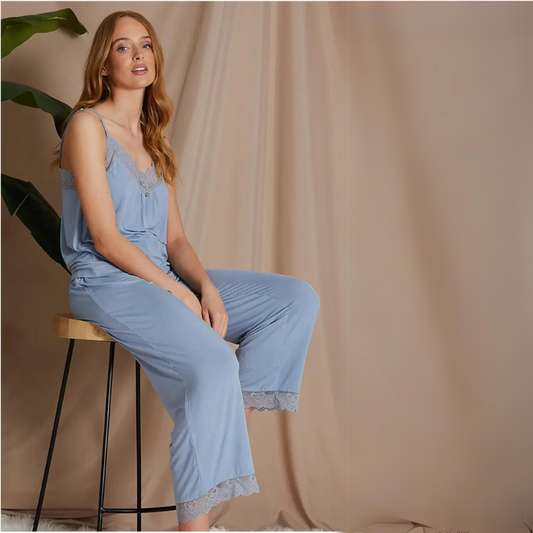 Bamboo Lace Cami and Cropped Trouser PJ Set in Blue Mist