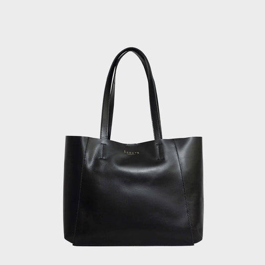 'ADELA' Smooth Real Leather Unlined Designer Tote Bag in Black