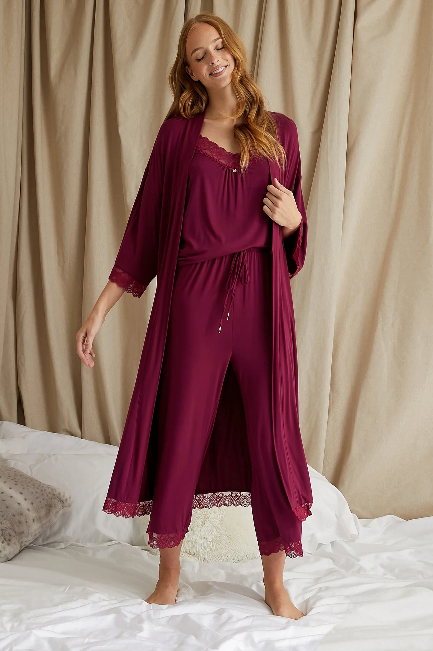 Bamboo Lace Cami and Cropped Trouser PJ Set in Bordeaux