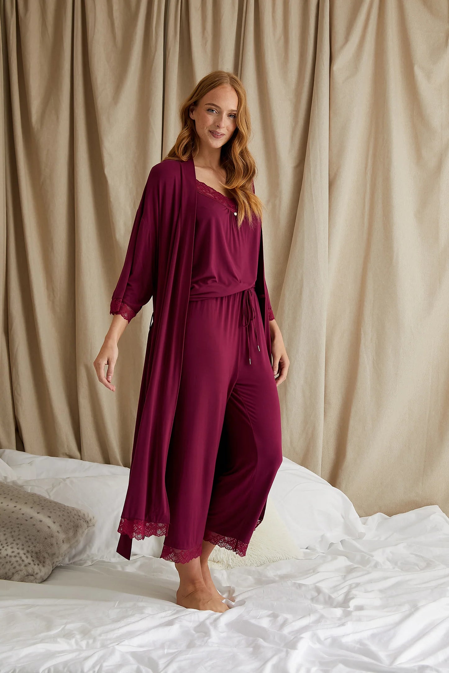 Bamboo Lace Cami and Cropped Trouser PJ Set in Bordeaux