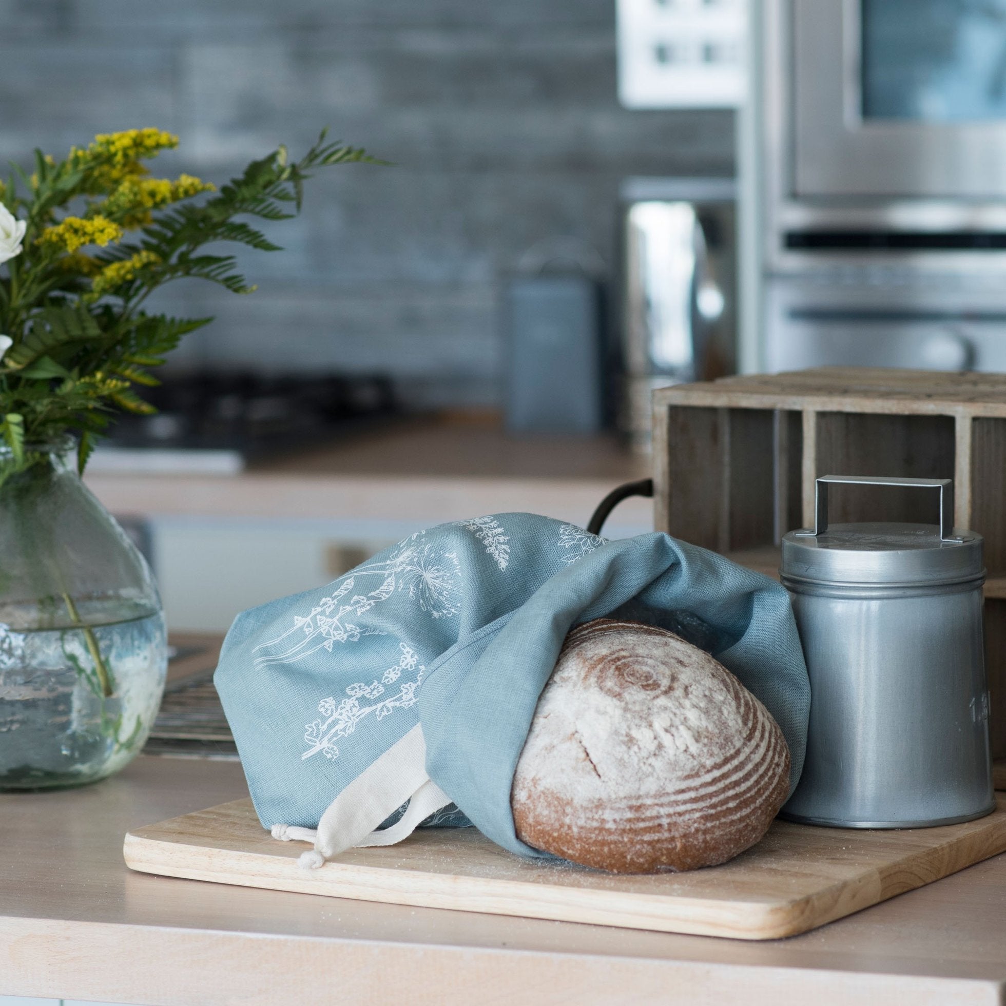 Breathable Linen Bread Bag Garden Design in Duck Egg Blue