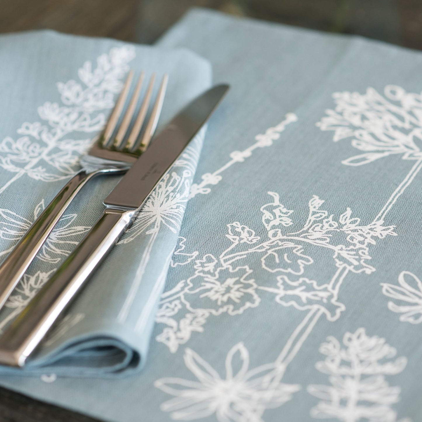 Floral Linen Napkins Pure Linen Set of Two in Duck Egg Blue