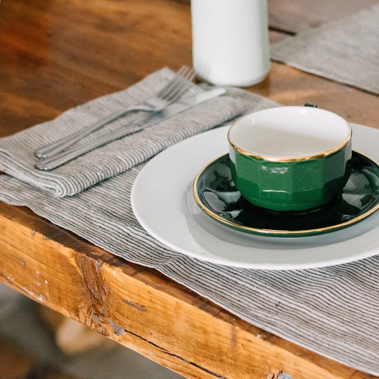 Linen Placemats With Dark Blue/Natural Striped, Set of Two