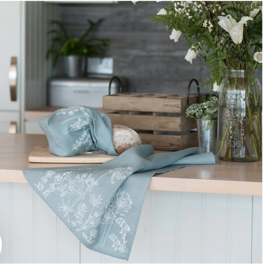 Linen Tea Towel With Garden Design in Duck Egg Blue