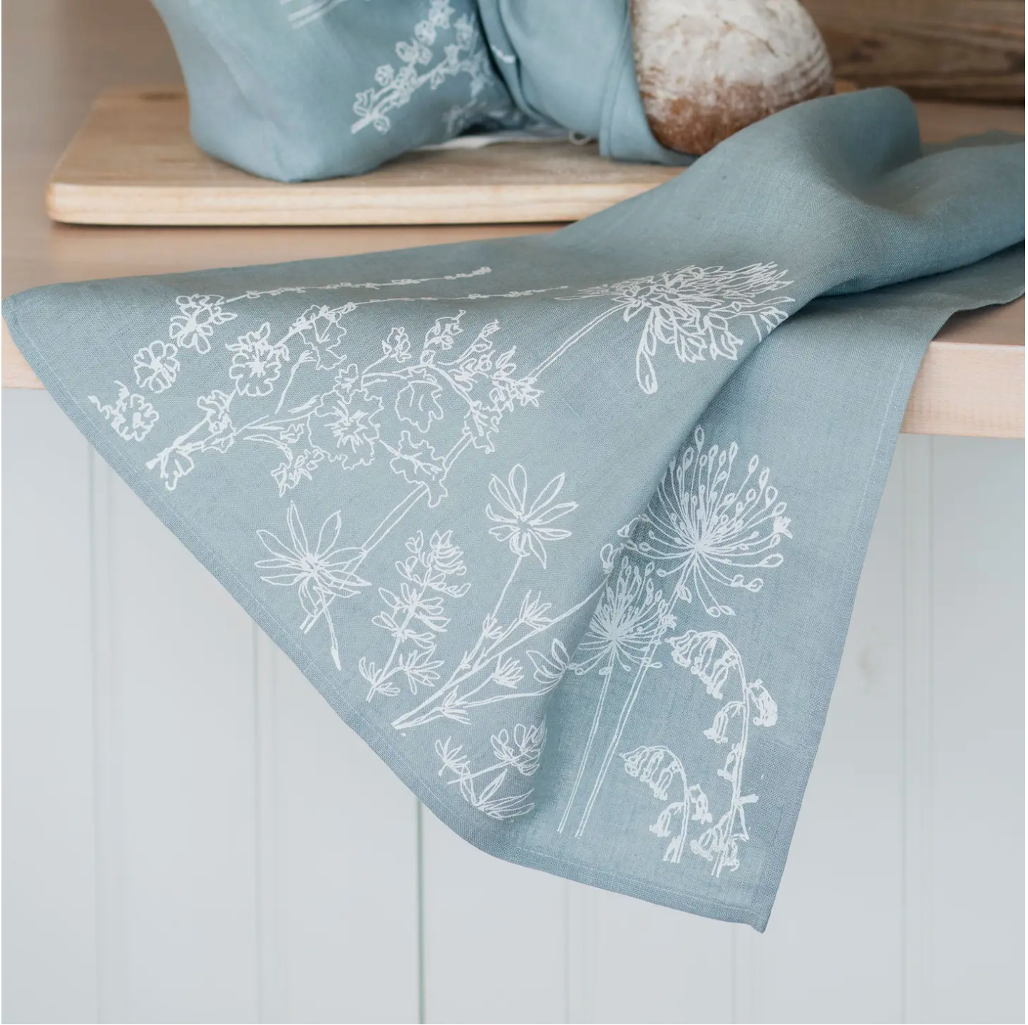 Linen Tea Towel With Garden Design in Duck Egg Blue