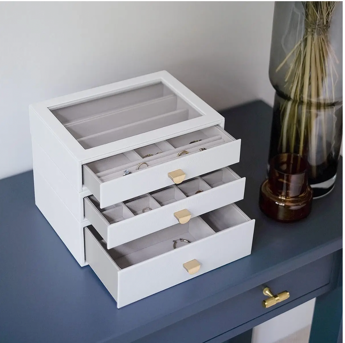 Pebble White Classic Jewellery Box set of 3 (with drawers)